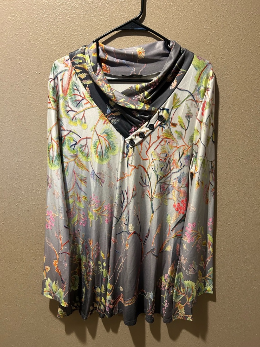 Lily‎ Multicolor Floral Cowl Neck Long Sleeve Tunic - Gray Base